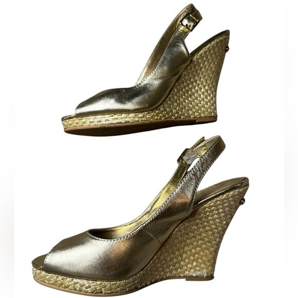 Lilly Pulitzer Kristin Slingback Wedge Sandal Gold Peep-Toe Slingback Heels - Picture 3 of 12